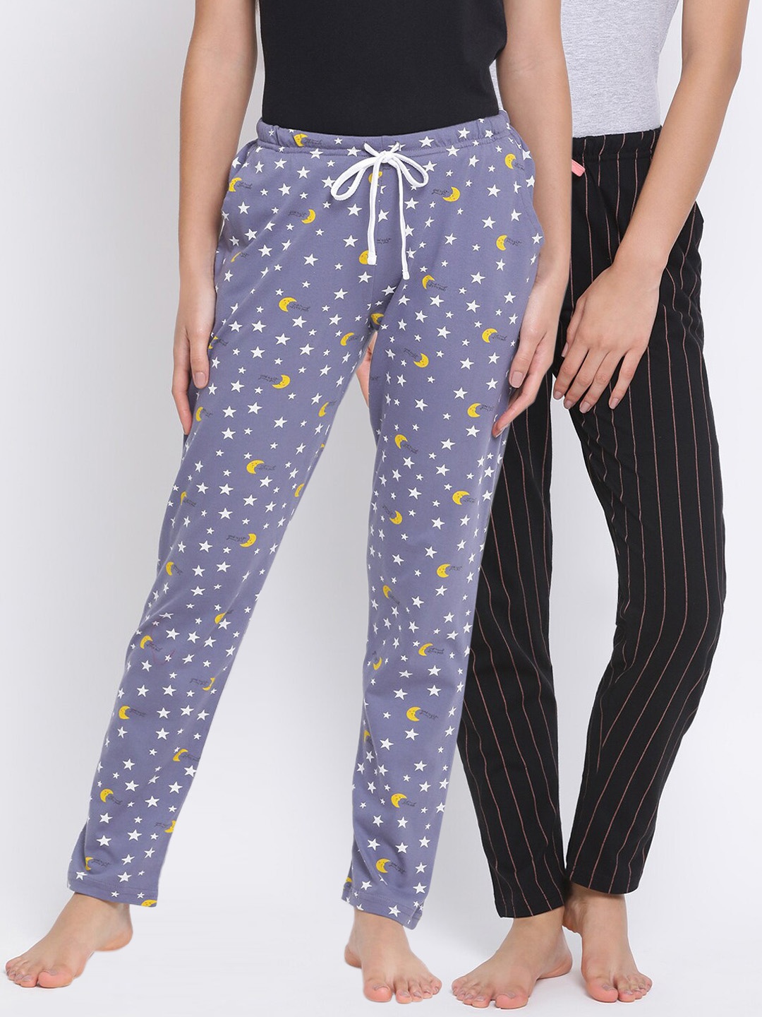 Kanvin Women Pack Of 2 Printed Pure Cotton Lounge Pants PJ1113+PJ1116, Purple
