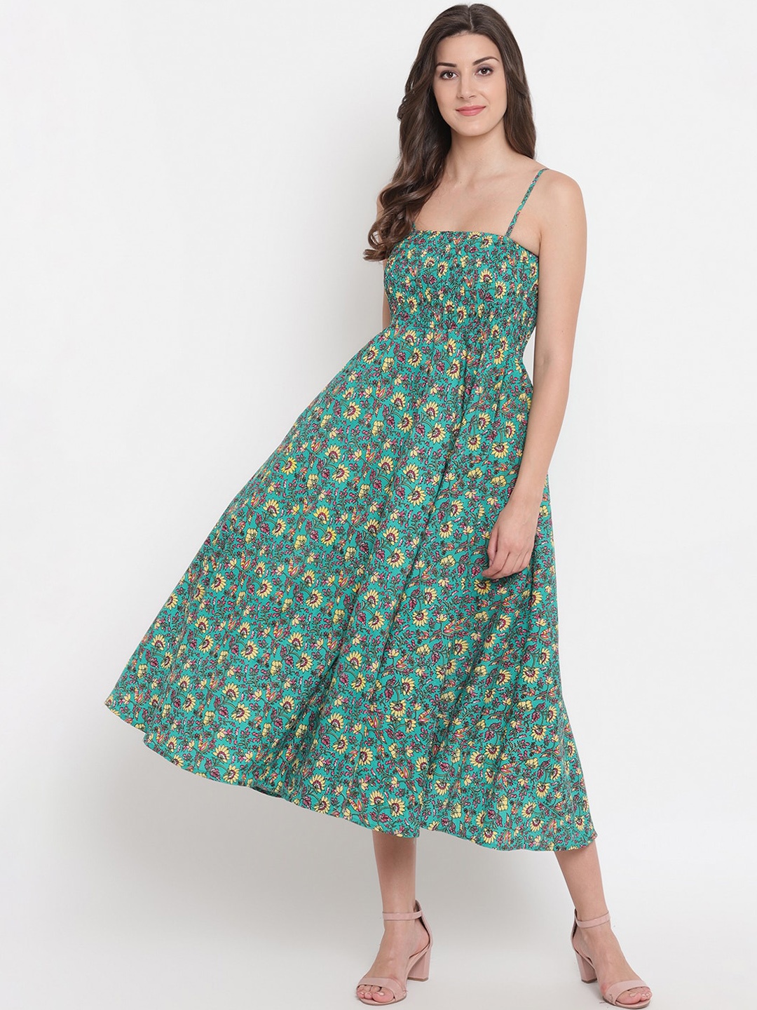 Aawari Women Green Floral Printed Gown Dress