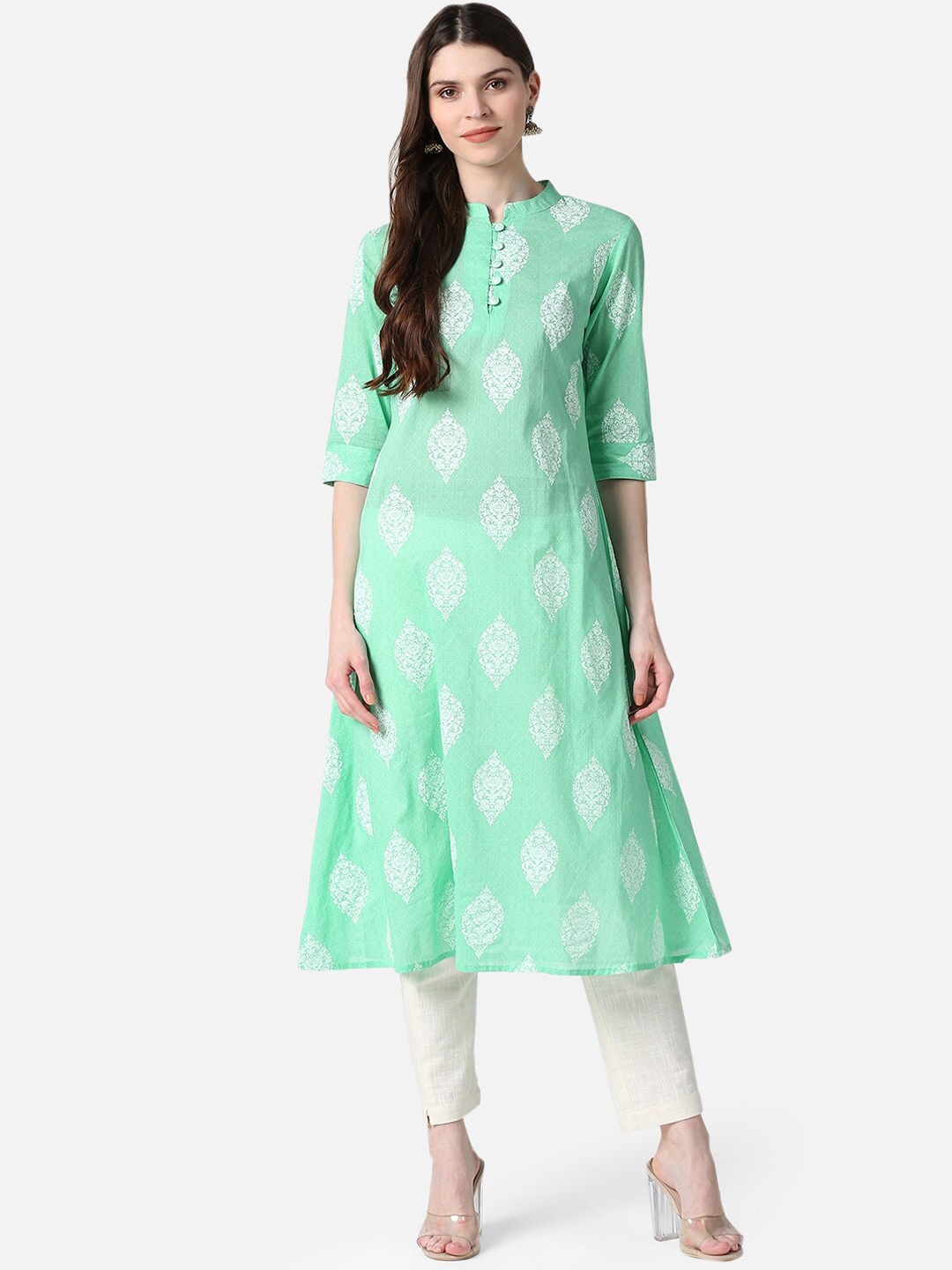 AHIKA Women Sea Green & White Ethnic Motifs Printed Kurta