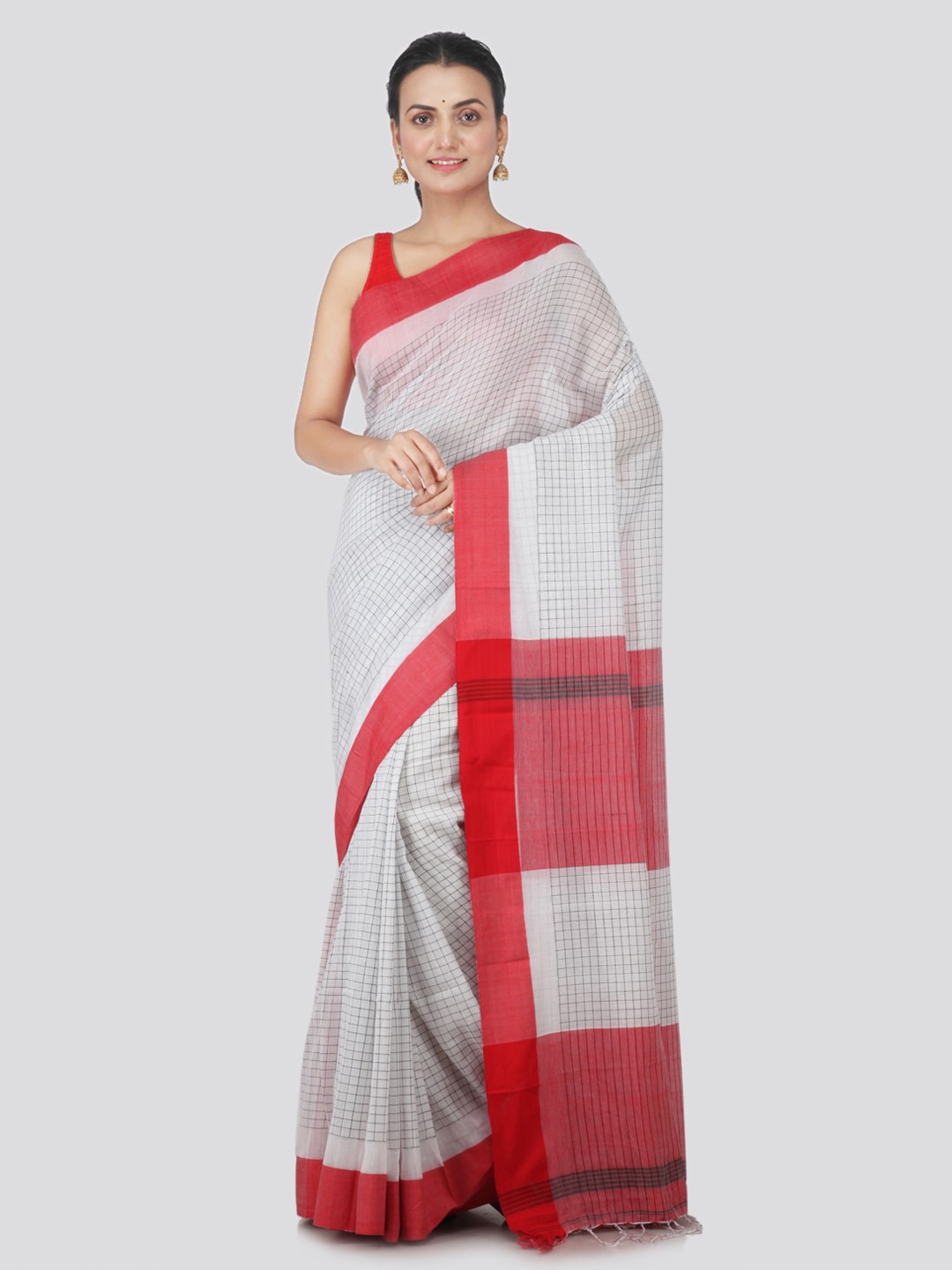 PinkLoom White & Red Pure Cotton Checked Handloom Sustainable Saree