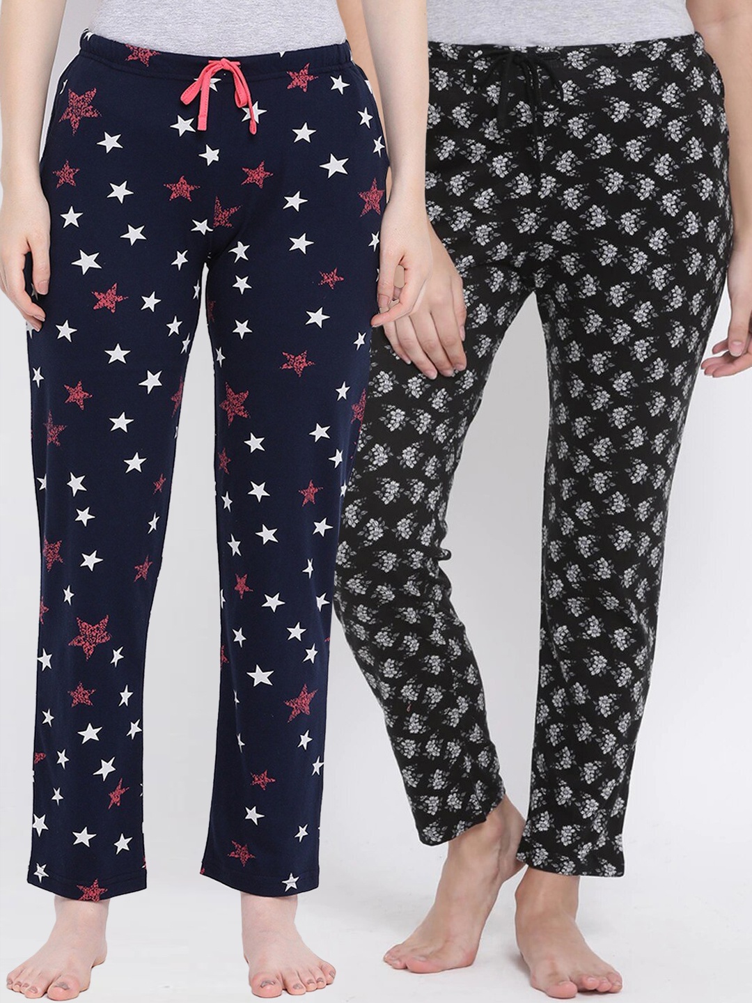 Kanvin Women Pack Of 2 Printed Cotton Lounge Pants, Navy blue