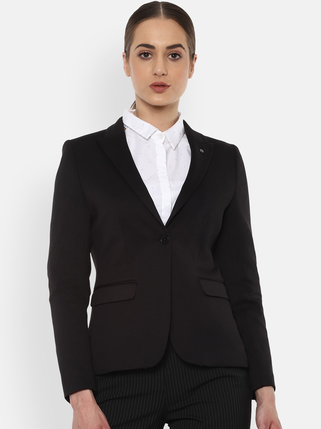 Van Heusen Women Black Solid Slim Fit Single Breasted Blazers