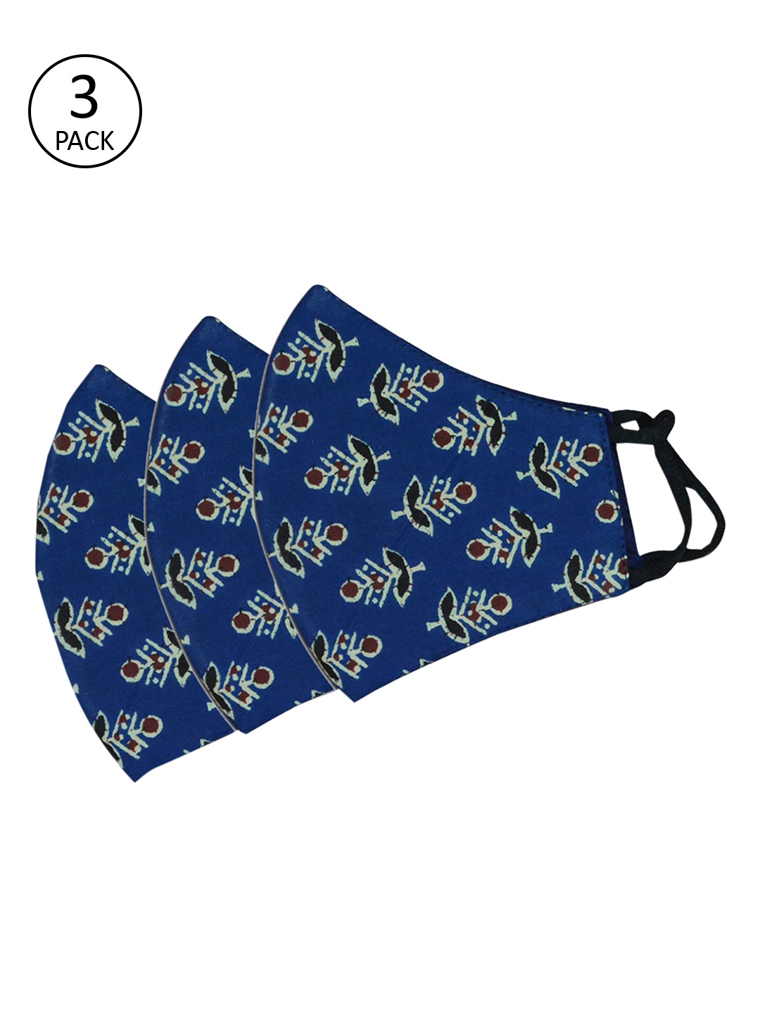 Tossido Pack Of 3 Navy Blue & Black Printed 3-Ply 100% Cotton Reusable Cloth Masks