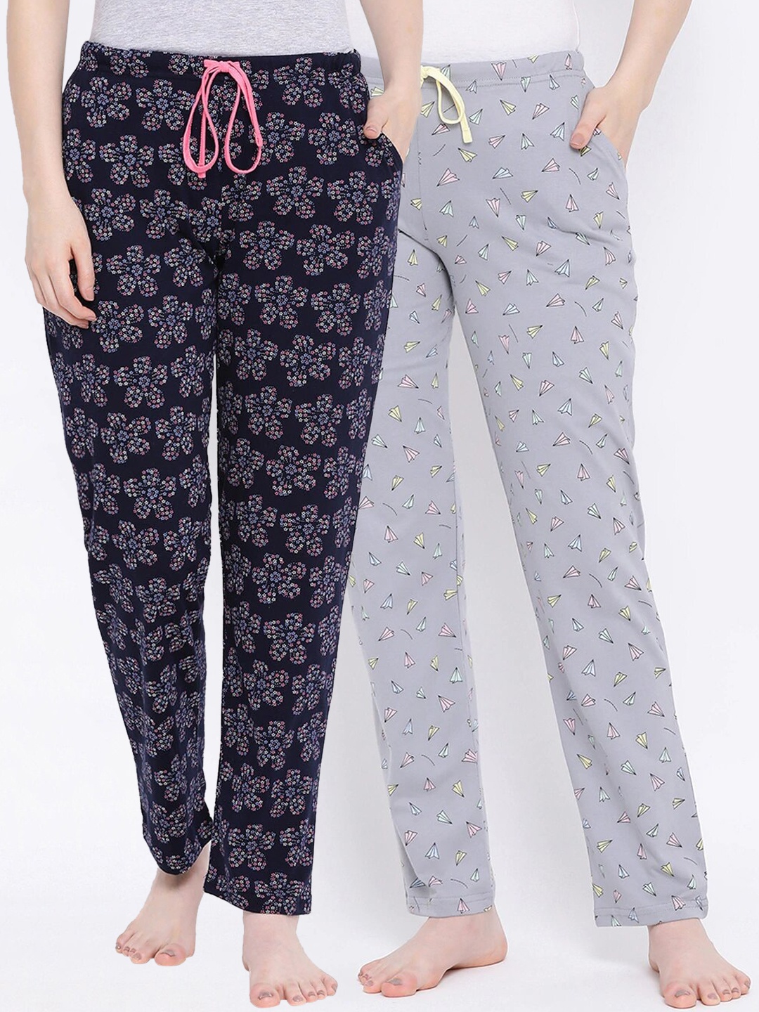 Kanvin Women Pack Of 2 Printed Cotton Lounge Pants, Navy blue