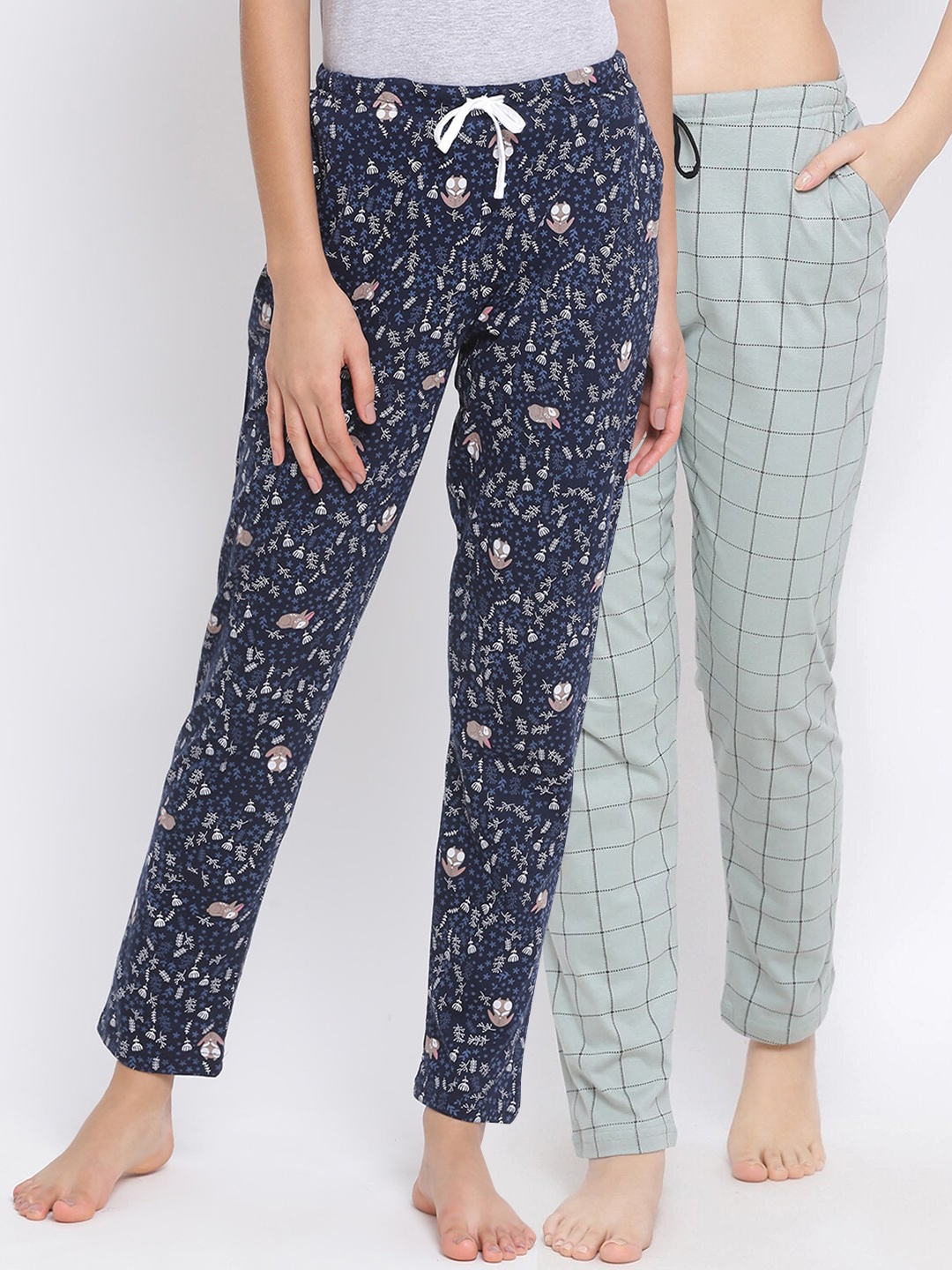 Kanvin Women Pack of 2 Printed Pure Cotton Lounge Pants PJ1088+PJ1114, Olive