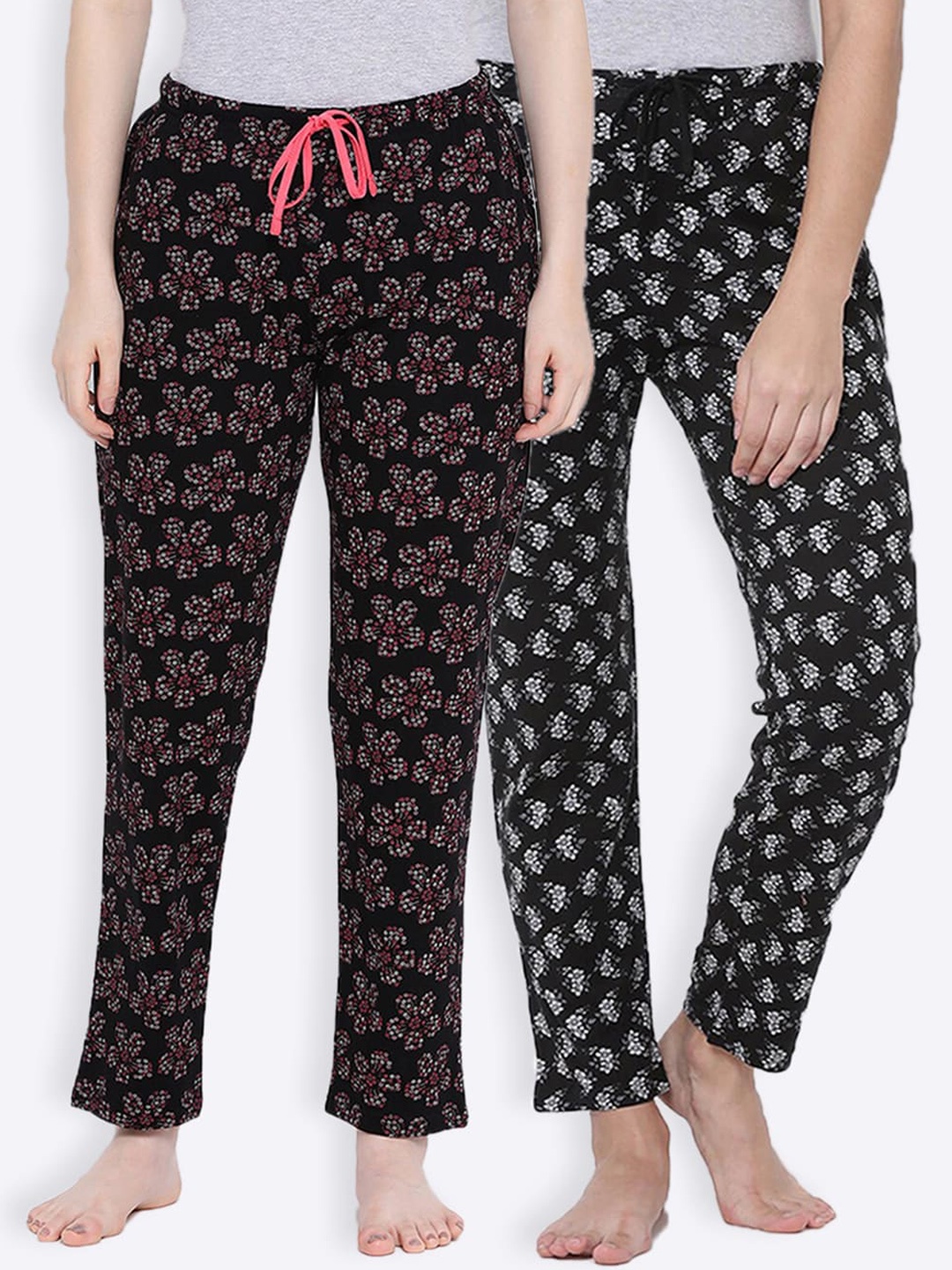 Kanvin Women Pack Of 2 Printed Cotton Lounge Pants, Black