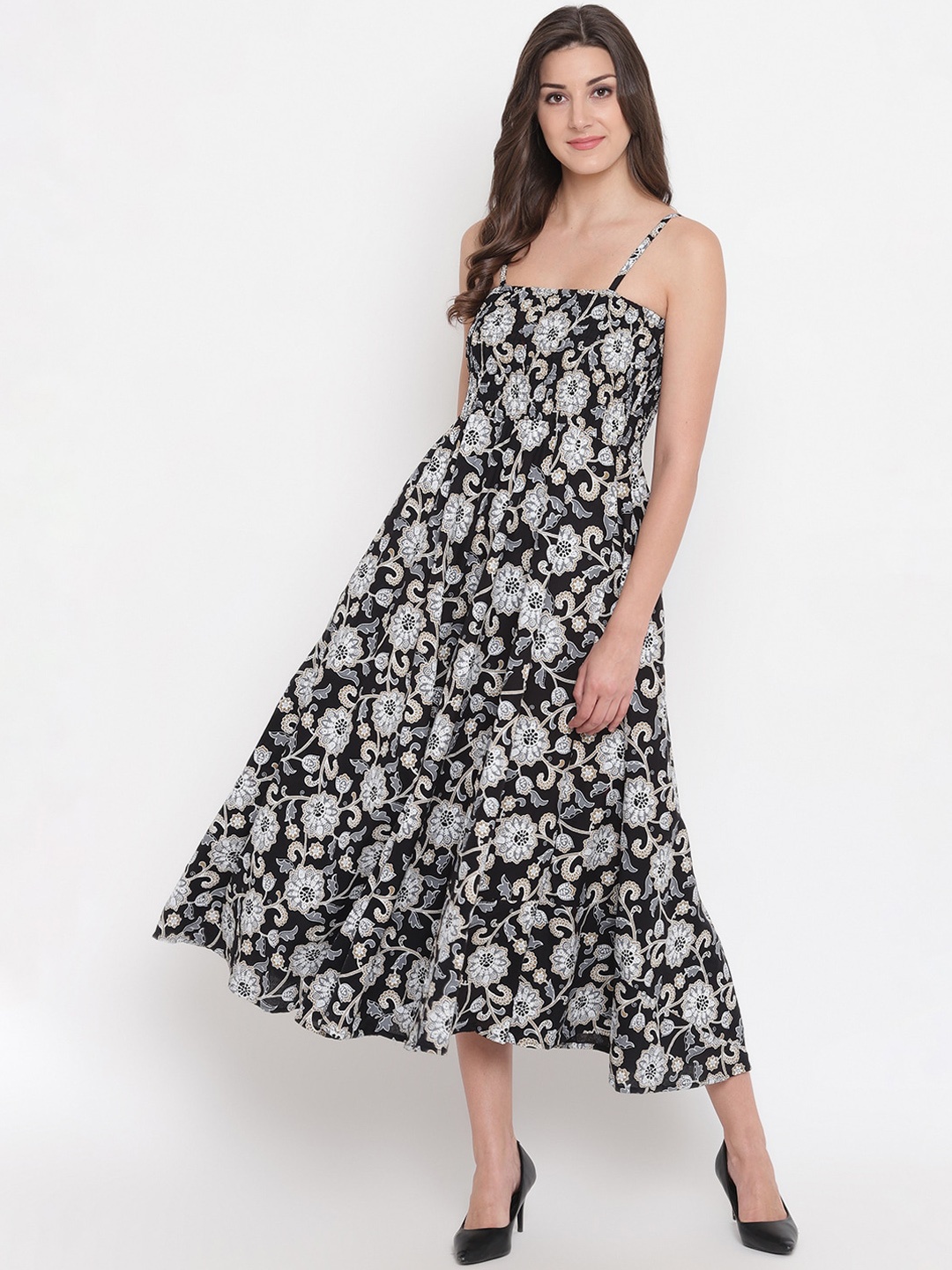 Aawari Women Black Floral Printed Cotton Gown Dress