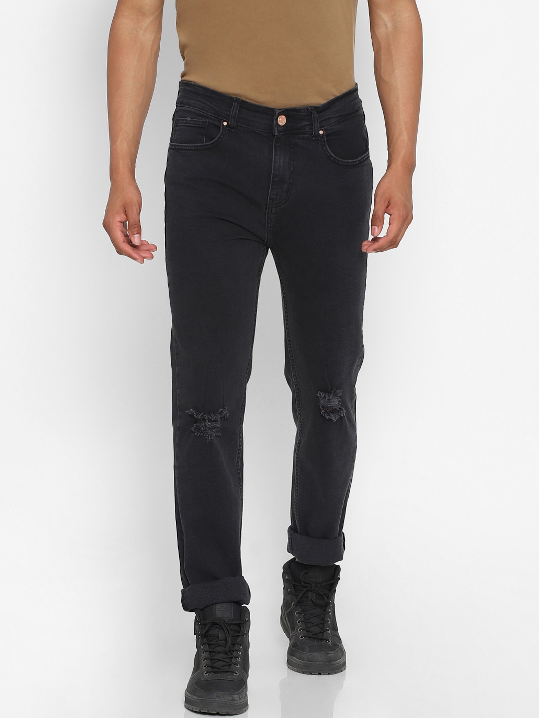 FOREVER 21 Men Charcoal Grey Solid Distressed Regular Fit Jeans
