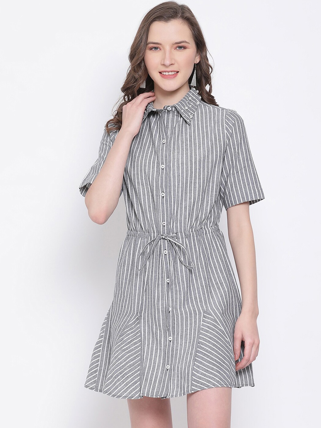 LY2 Grey Striped Cotton Shirt Dress