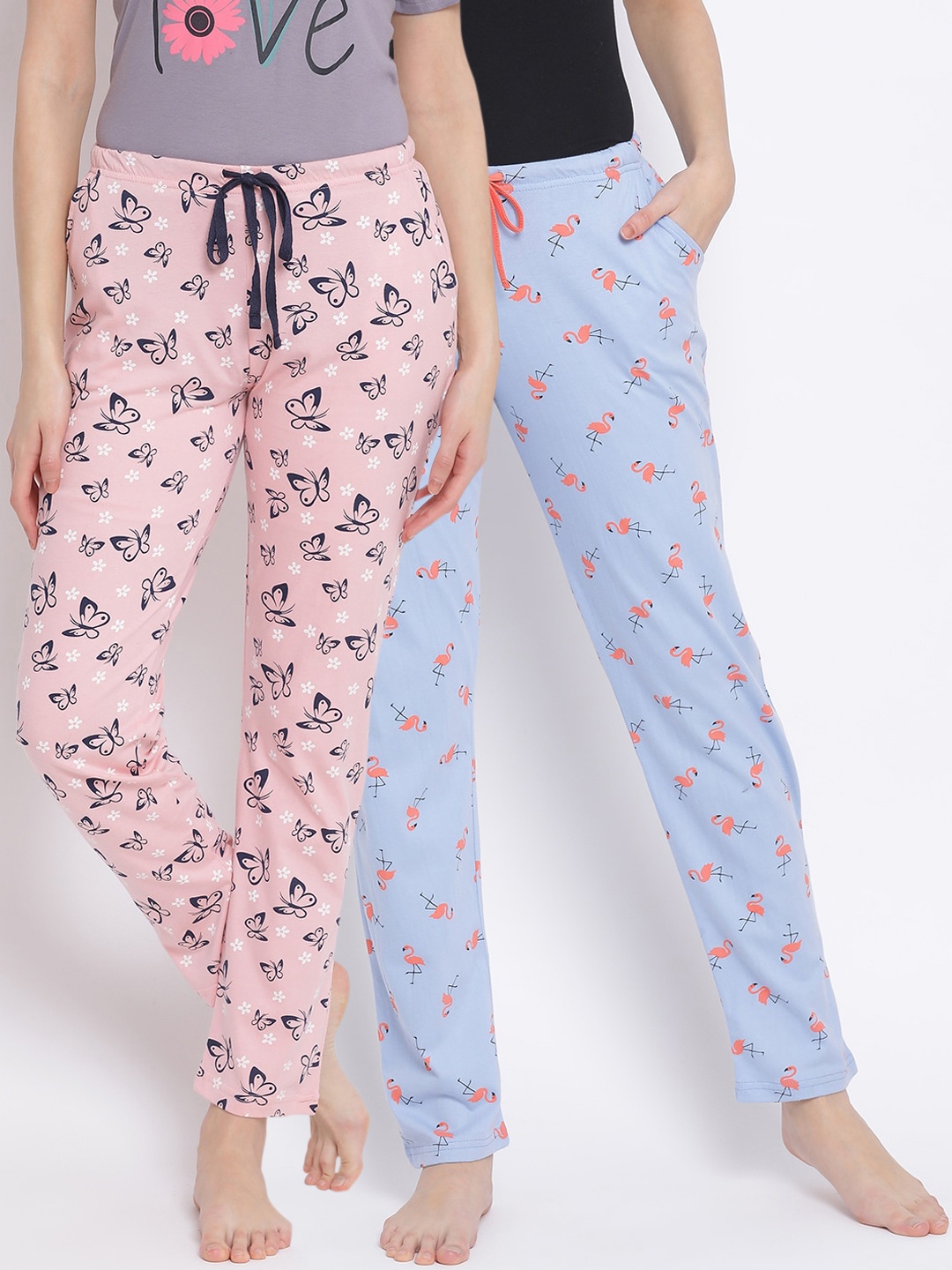 Kanvin Women Pack Of 2 Blue & Pink Printed Pure Cotton Lounge Pants