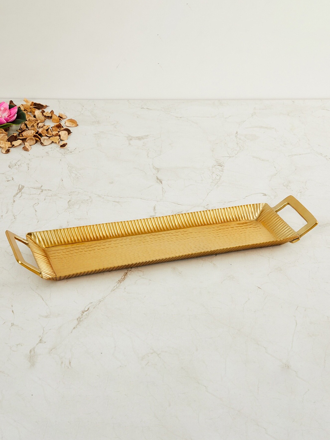 Home Centre Gold-Toned Leon Cesar Decorative Textured Tray With Handle