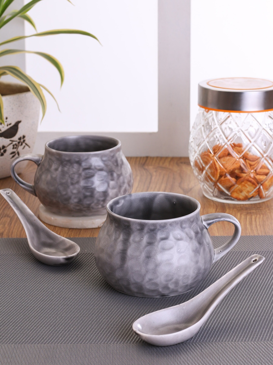 CLAY CRAFT Grey Set Of 2 Ceramic Soup Cups With Spoon