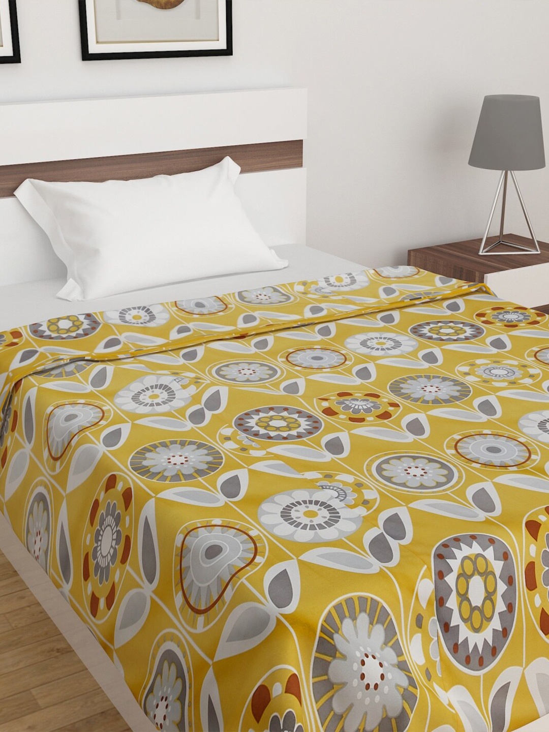 Home Centre Yellow & Grey Floral AC Room 110 GSM Single Bed Dohar