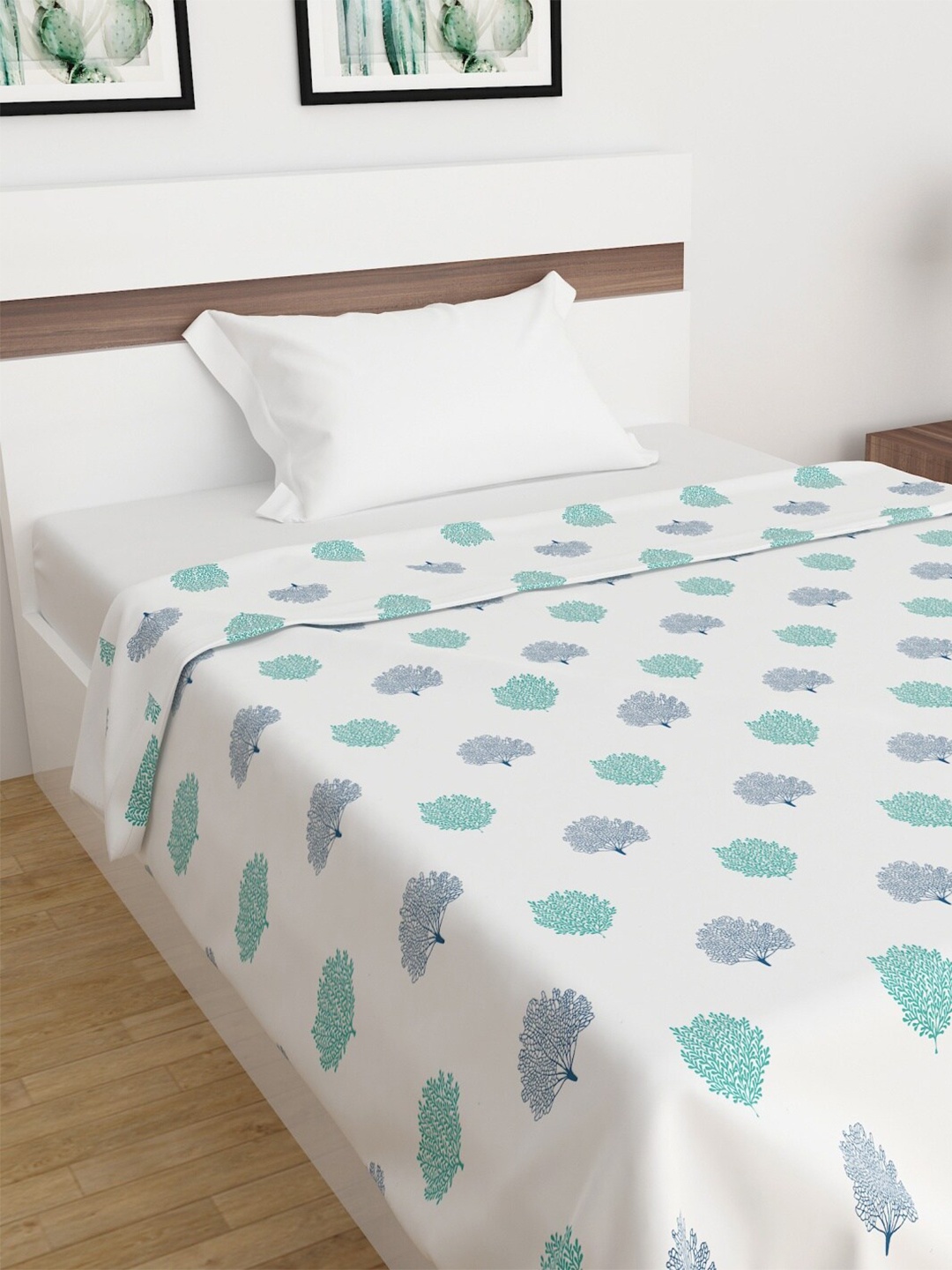 Home Centre White & Blue Ethnic Motifs AC Room 260 GSM Single Bed Dohar