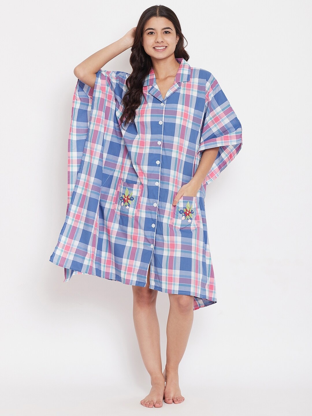 The Kaftan Company Blue & Pink Checked Nightdress