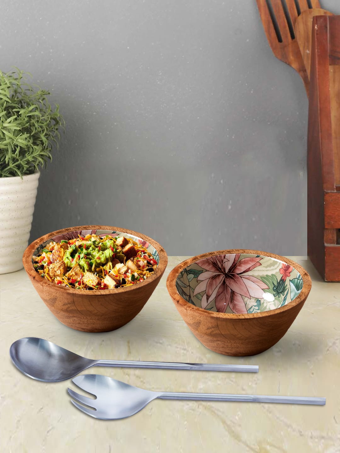 Nestroots Set of 4 Green & Brown Wooden Bowls & Serving Spoons