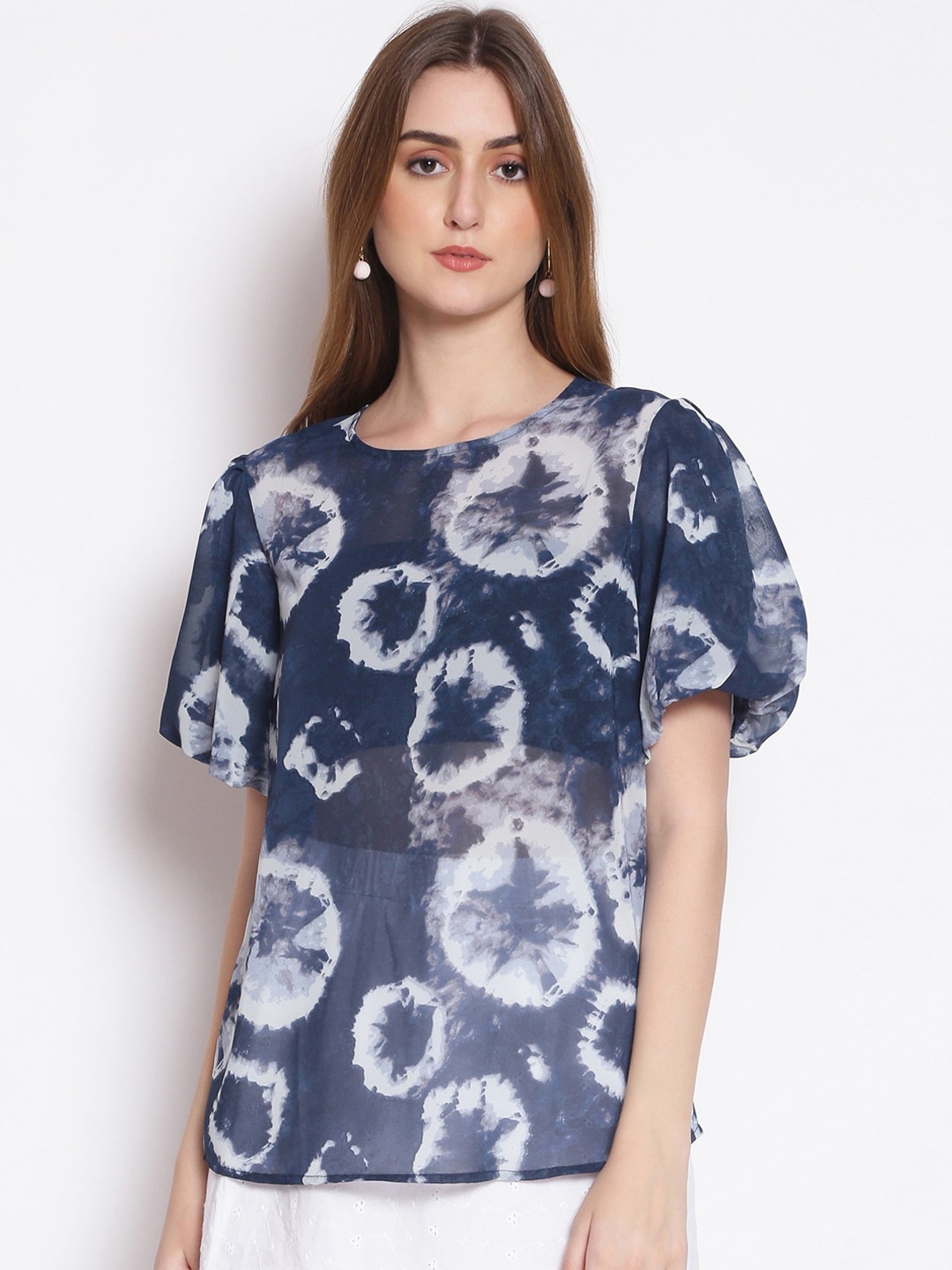Oxolloxo Navy Blue & White Tie and Dye Regular Top