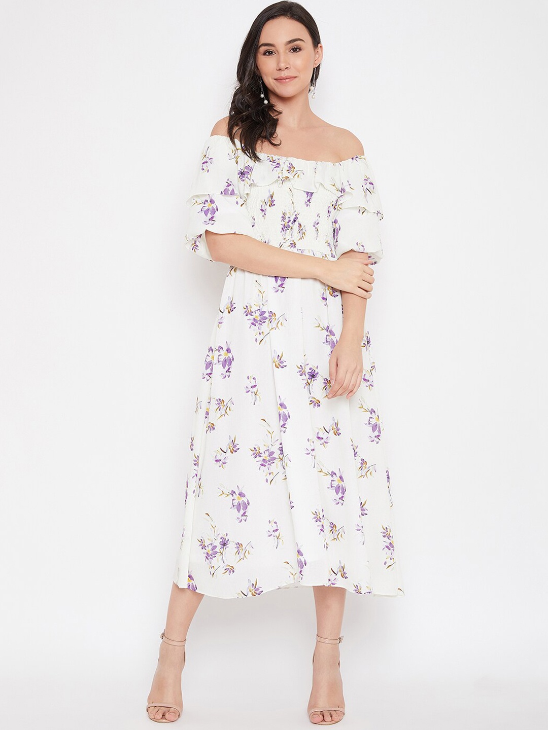 Madame Women Off-White & Purple Printed Midi A-Line Dress