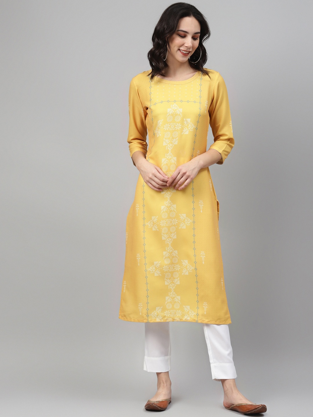 ZIYAA Women Yellow & White Floral Printed Kurta