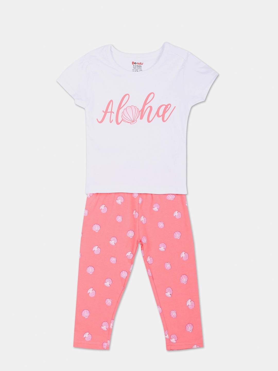 Donuts Girls White & Pink Printed T-shirt with Pyjamas