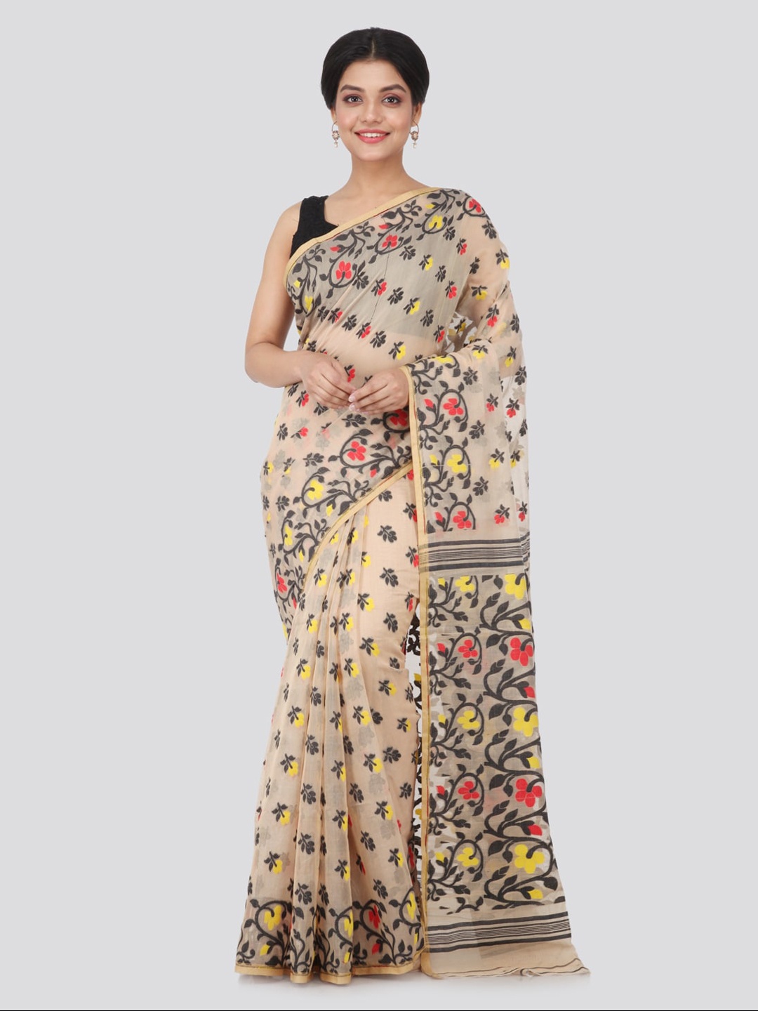 PinkLoom Beige Pure Cotton Woven Design Handloom Jamdani Sustainable Saree