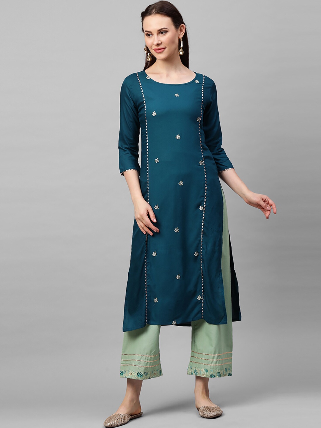 Indo Era Women Teal Embroidered Keyhole Neck Flared Sleeves Thread Work Kurta