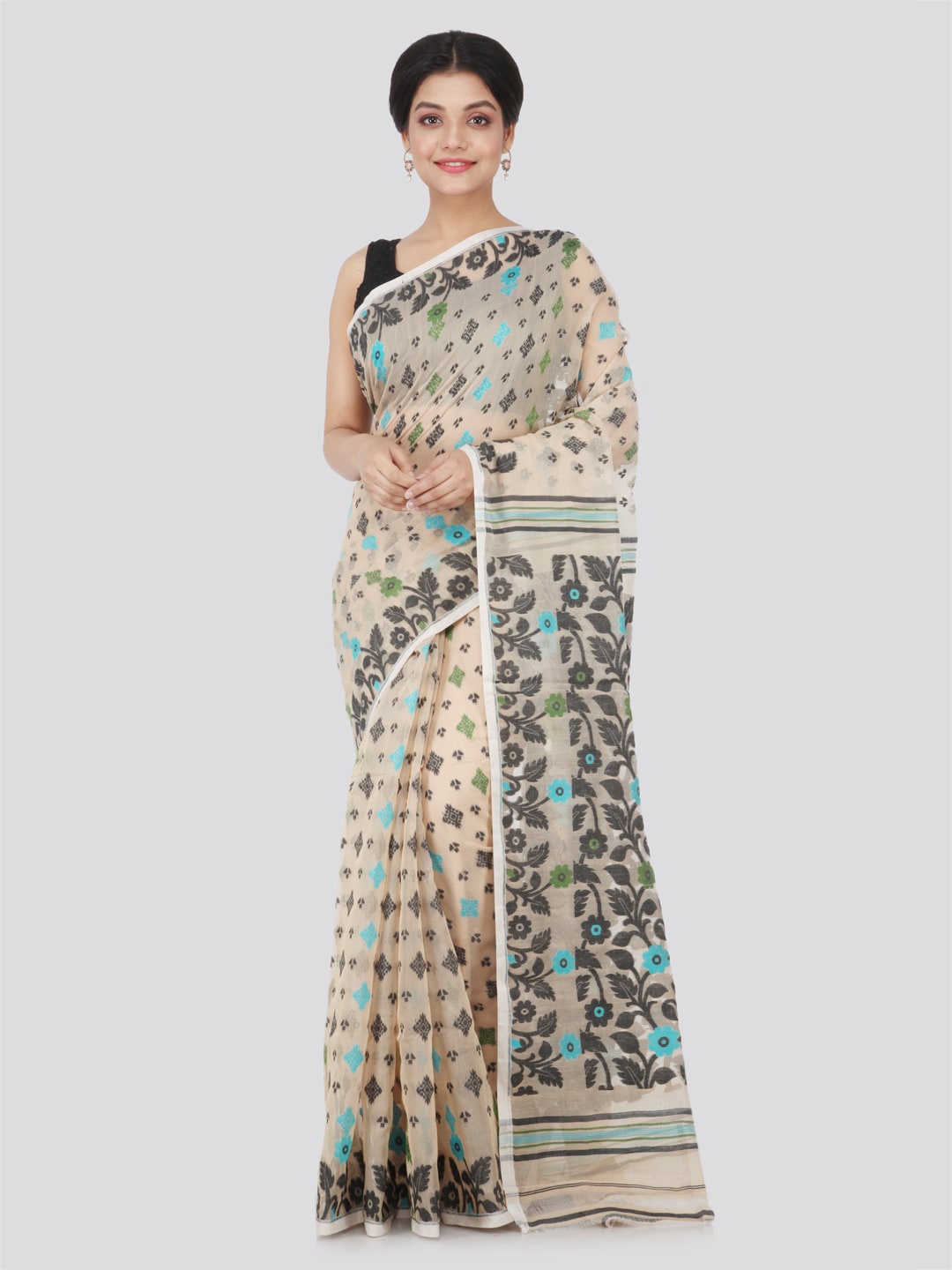 PinkLoom Beige Pure Cotton Woven Design Handloom Jamdani Sustainable Saree