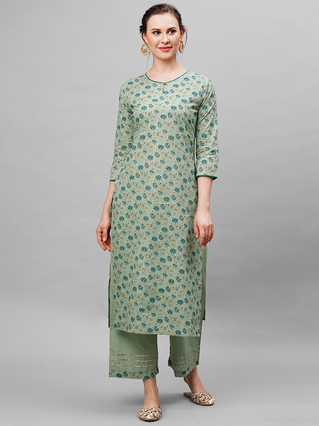 Indo Era Women Green Printed Kurta with Palazzos