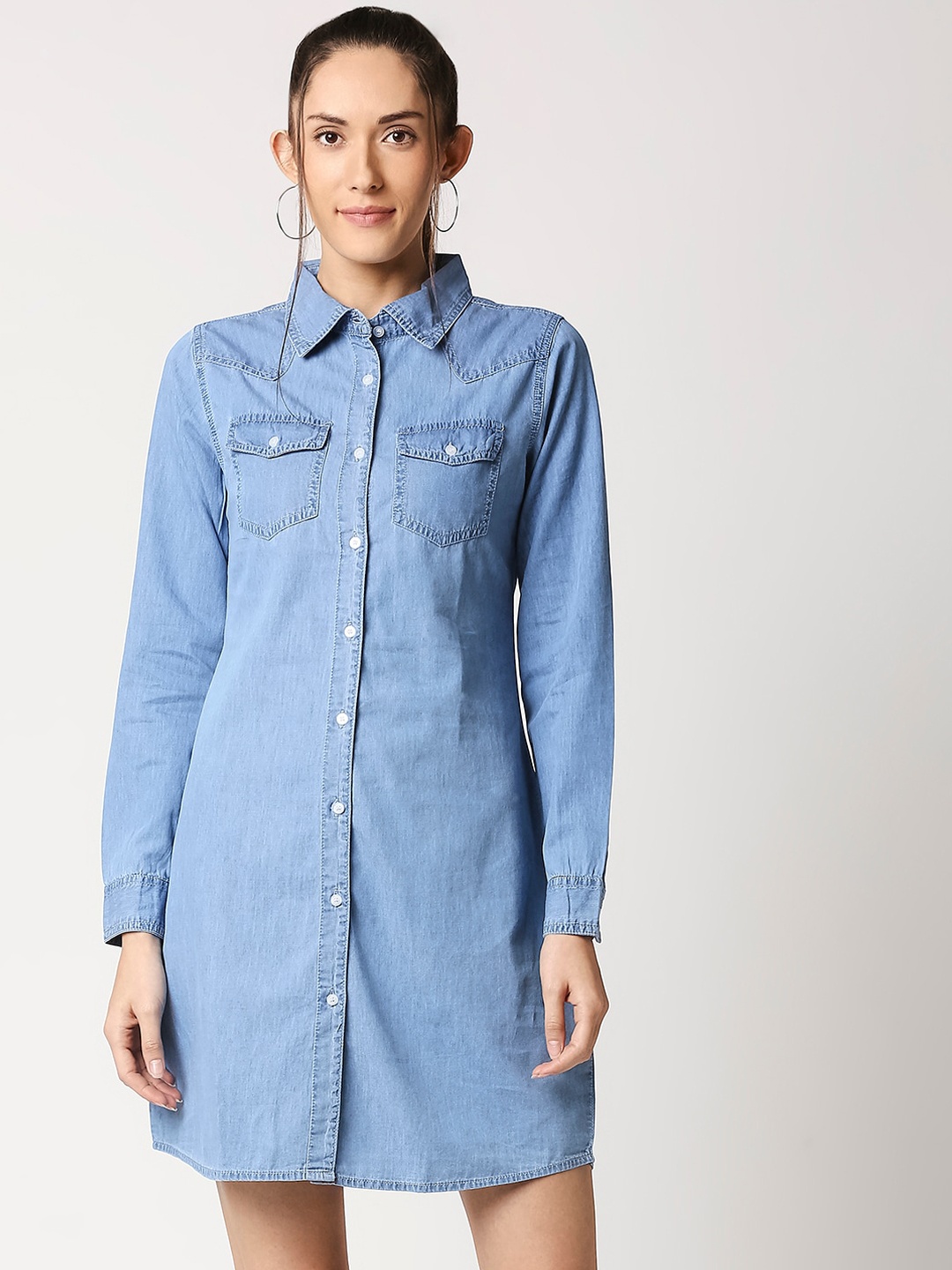 High Star Women Blue Solid Denim Shirt Dress