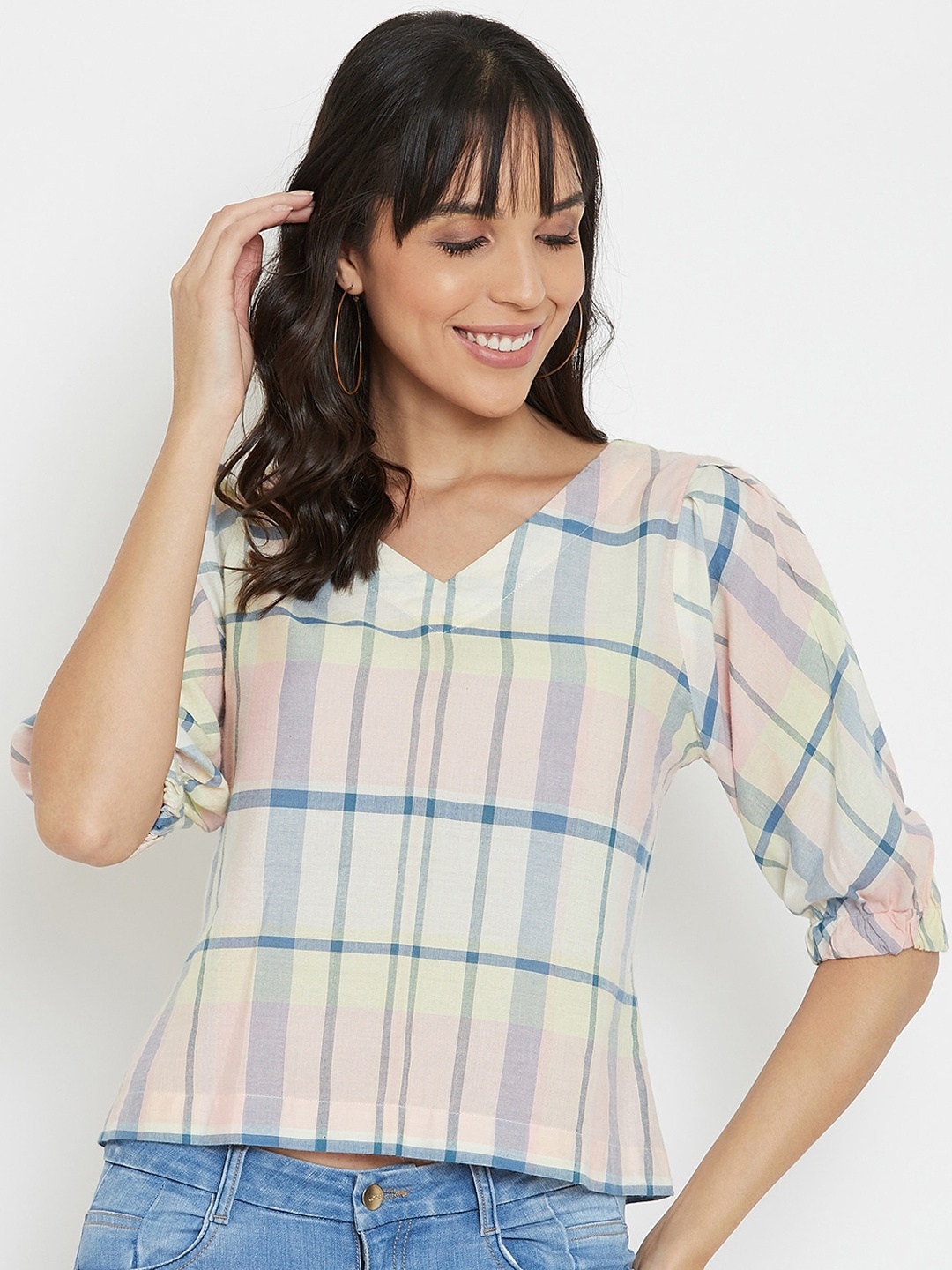 Madame Off White Checked Regular Top