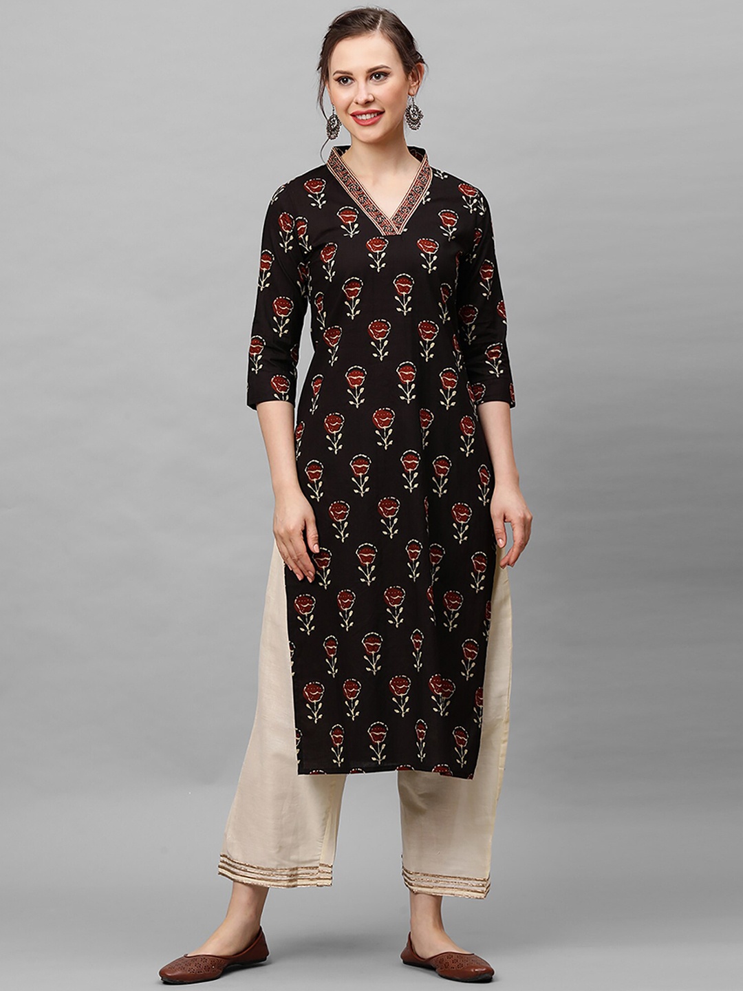 Indo Era Women Black Floral Printed Kurta