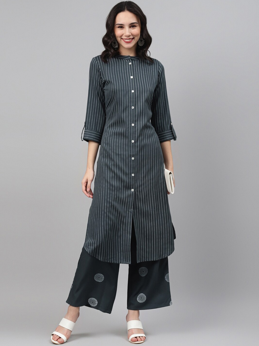 ZIYAA Women Grey & White Striped Kurta