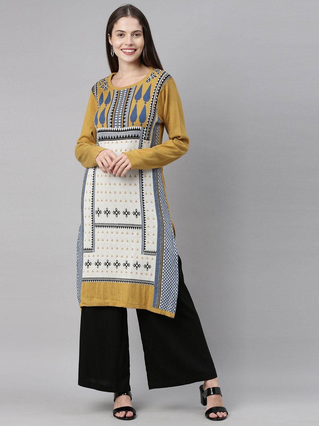 Neerus Women Mustard Yellow & Off White Geometric Printed Acrylic Knitted Kurta