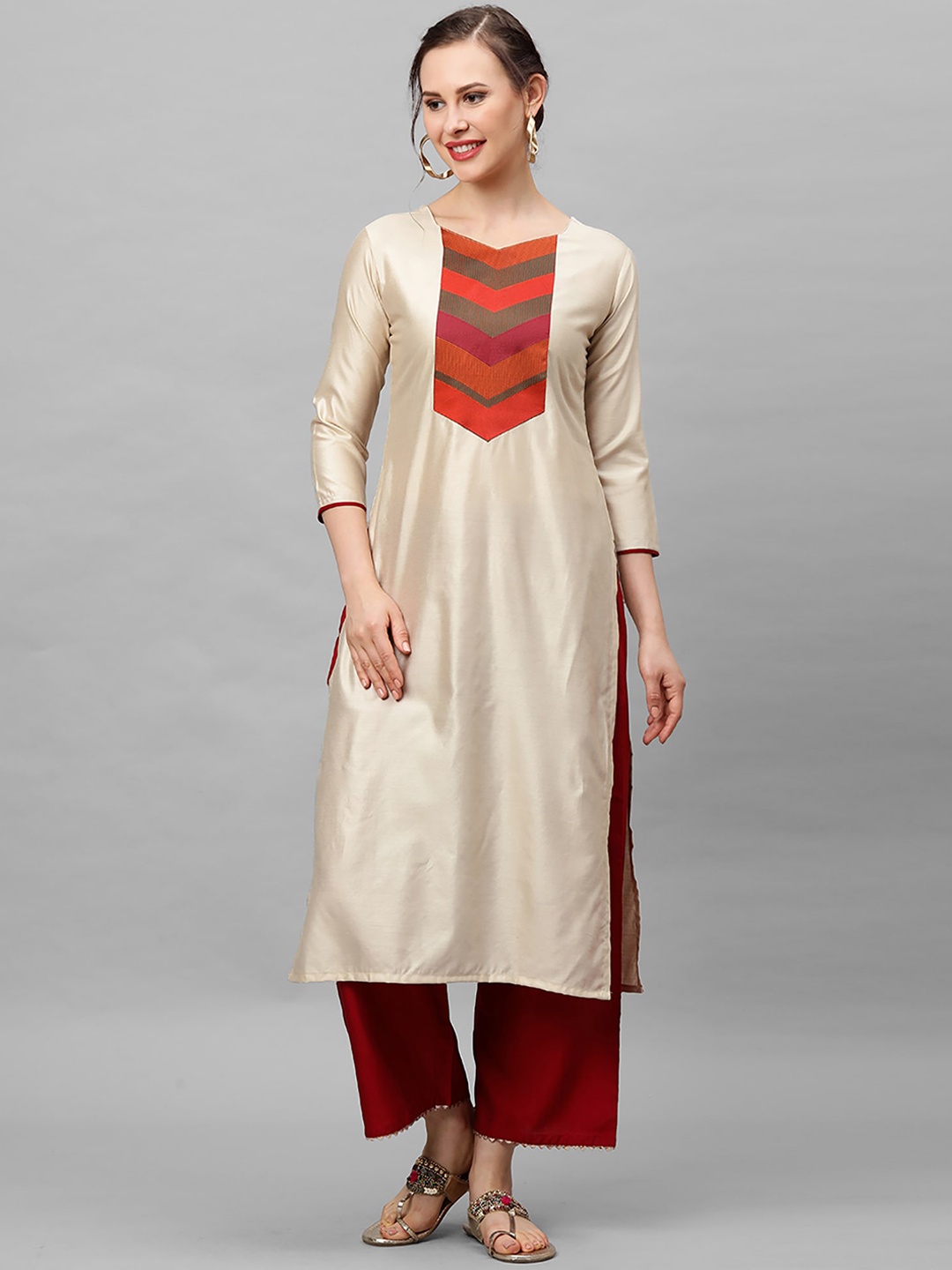 Indo Era Women Cream-Coloured Thread Work Kurta