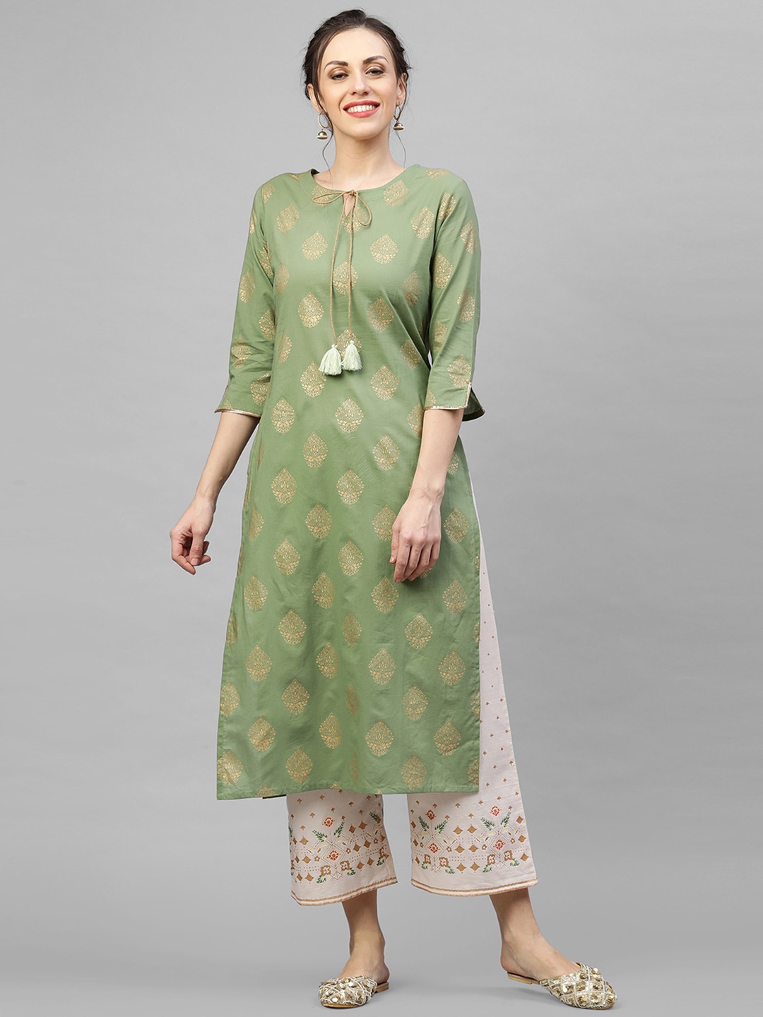 Indo Era Women Green & Beige Printed Kurti with Palazzos