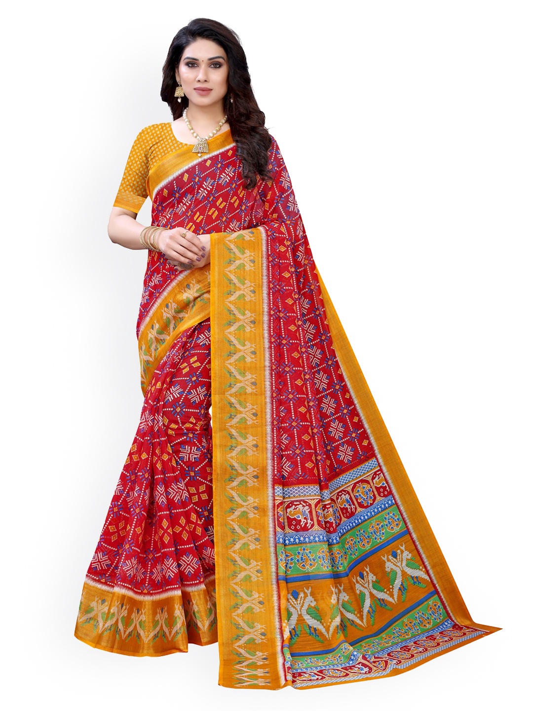 KALINI Yellow & Red Polycotton Printed Patola Saree