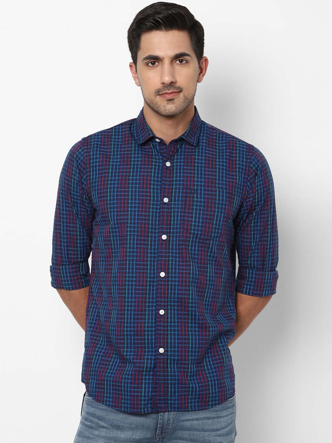 Allen Solly Sport Men Blue & Red Regular Fit Checked Casual Cotton Shirt