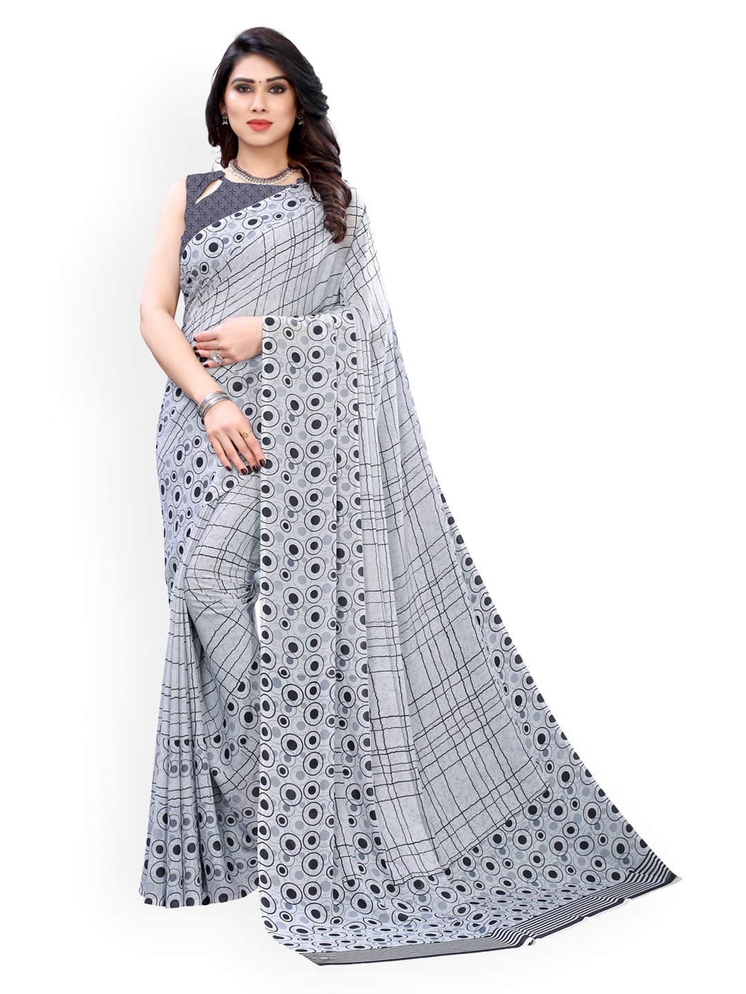 KALINI Grey Checked Pure Georgette Saree