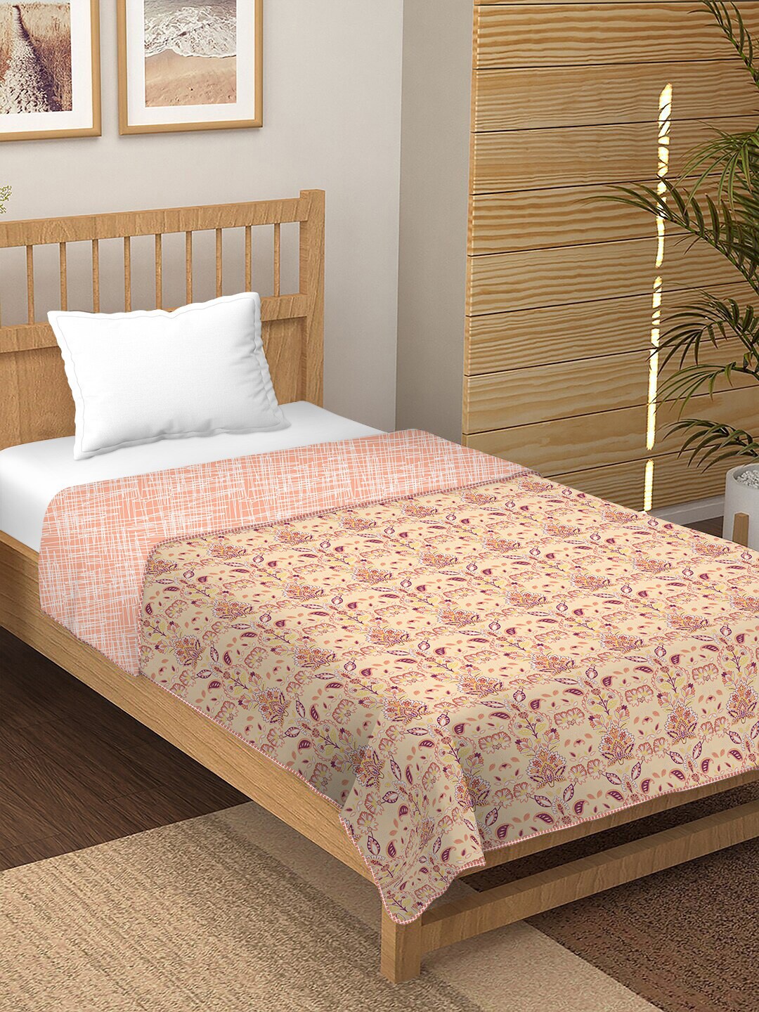 BELLA CASA Unisex Orange Floral Cotton Single Bedsheet with Pillow Cover