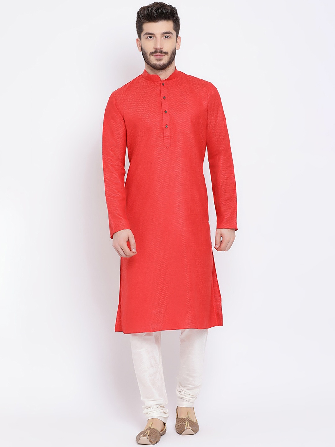 NAMASKAR Men Red Self Design Cotton Kurta