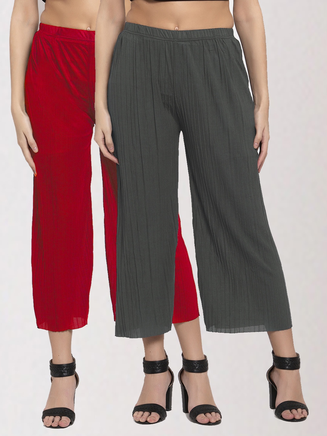 KLOTTHE Women Set of 2 Red & Grey Solid Wide Leg Palazzos