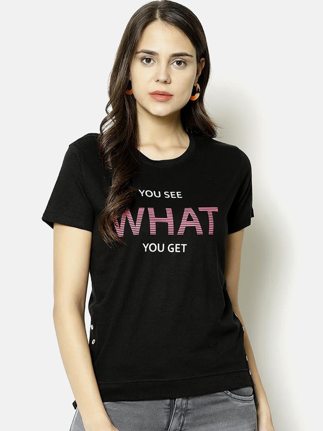 V2 Value & Variety Women Black Printed Round Neck T-shirt