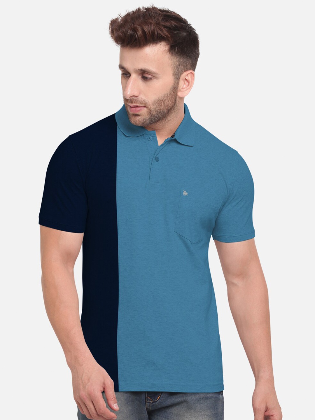 BULLMER Men Blue Colourblocked Polo Collar Cotton T-shirt