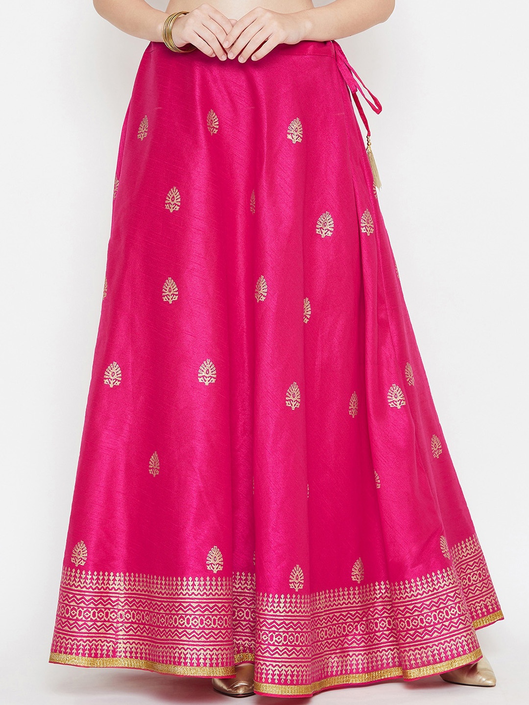 studio rasa Fuchsia Pink & Gold-Coloured Hand Block Printed Flared Maxi Skirt