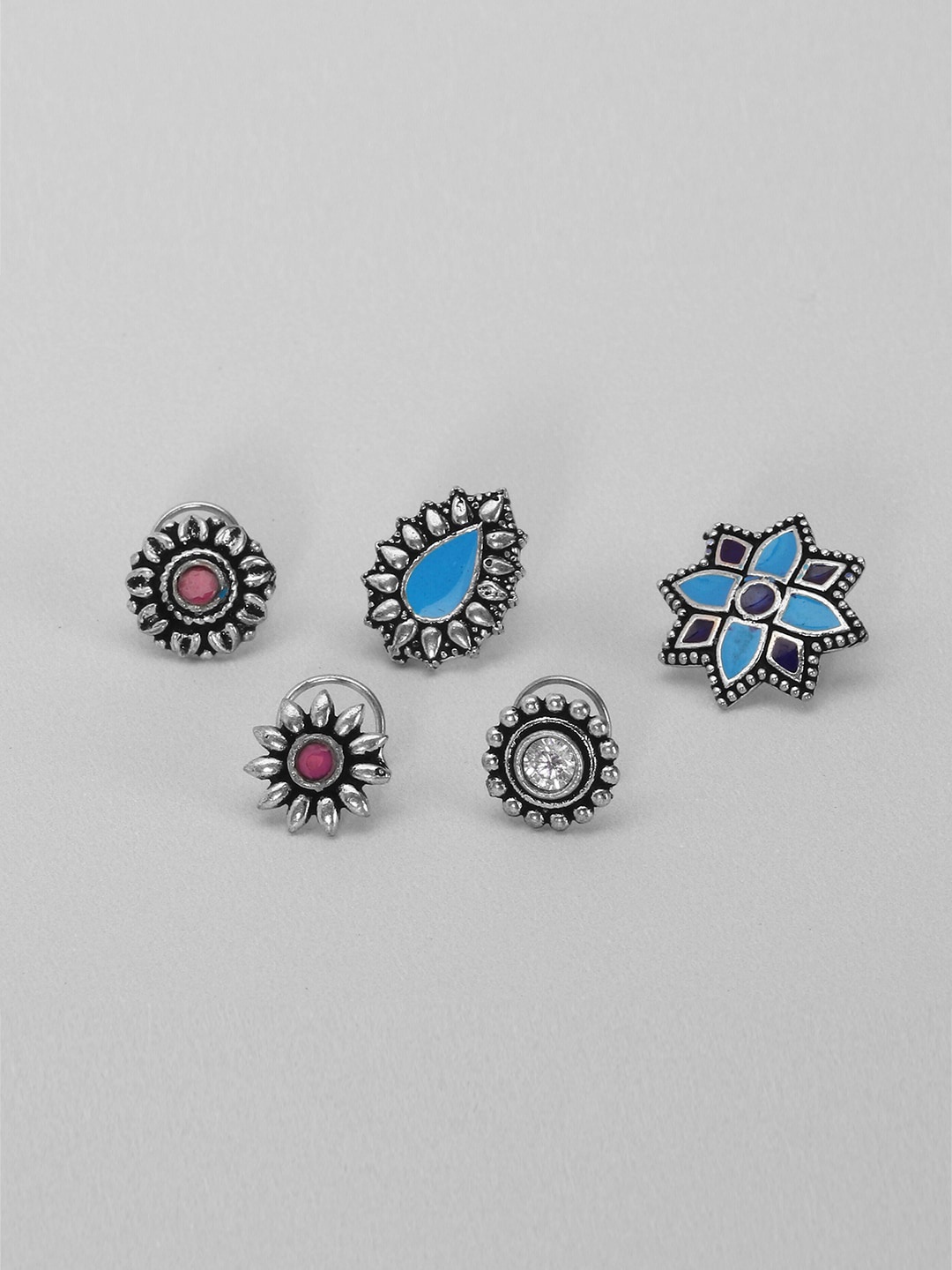 Adwitiya Collection Set Of 5 Oxidised Silver-Plated Blue & Pink Enameled & Stone-Studded Clip-On Nosepins
Adwitiya Collection Set Of 5 Oxidised Silver-Plated Blue & Pink Enameled & Stone-Studded Clip-On Nosepins