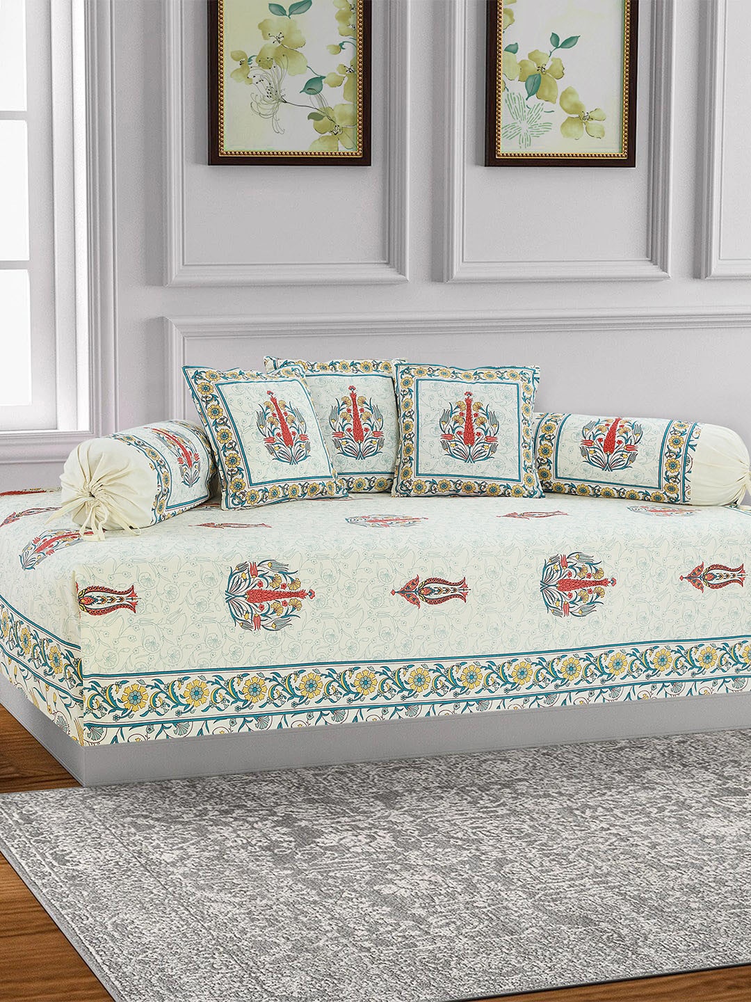 Salona Bichona Set Of 6 Green & Off-White Printed 120 TC Bedsheet With Bolster & Cushion Covers
Salona Bichona Set Of 6 Green & Off-White Printed 120 TC Bedsheet With Bolster & Cushion Covers