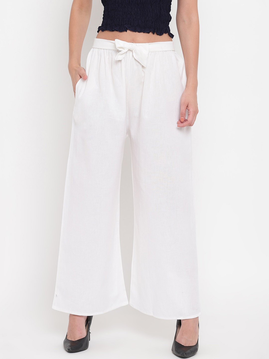 Aawari Women White Solid Wide Leg Palazzos