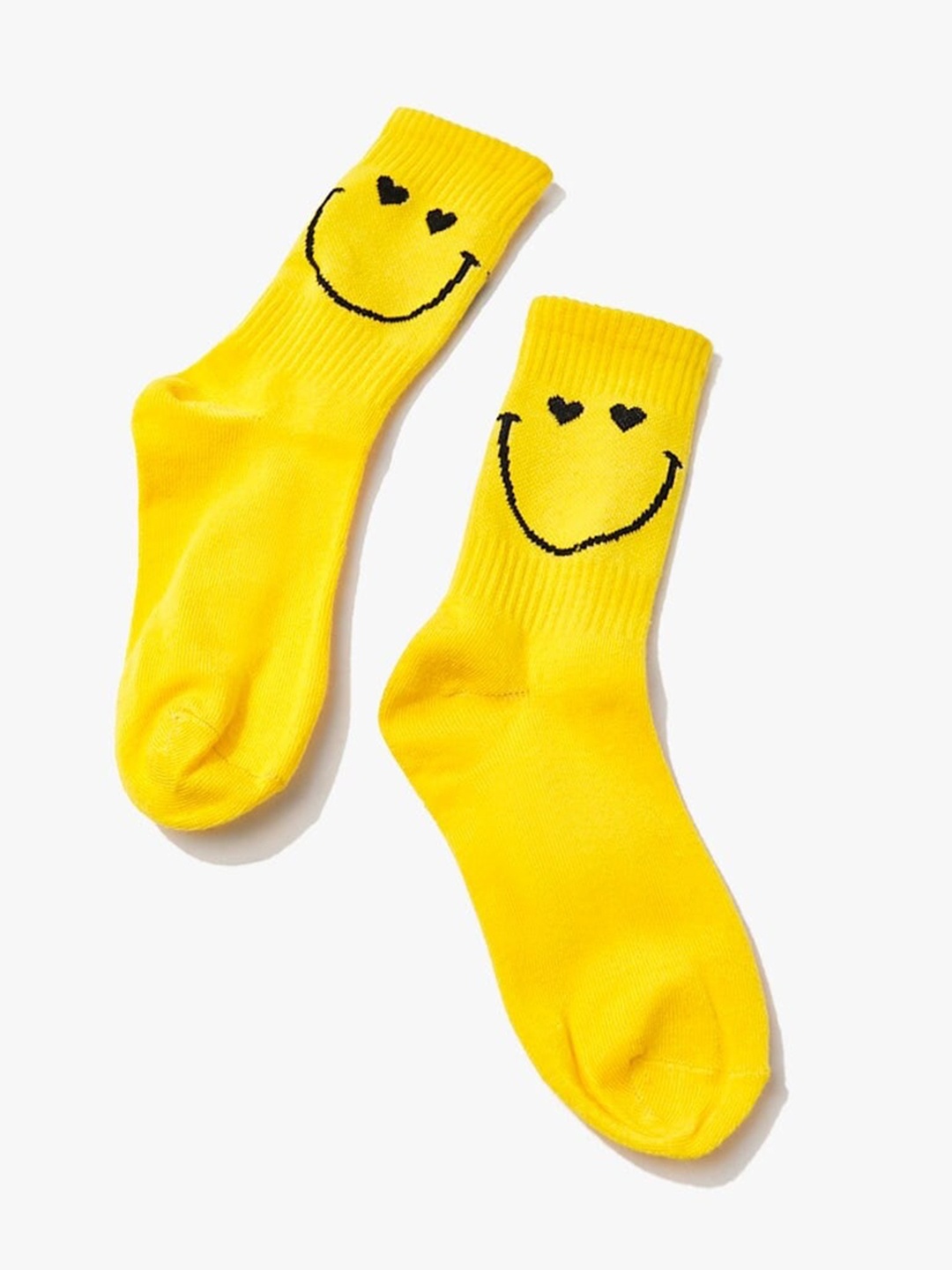 FOREVER 21 Women Yellow & Black Smiley Printed Above Ankle-Length Socks