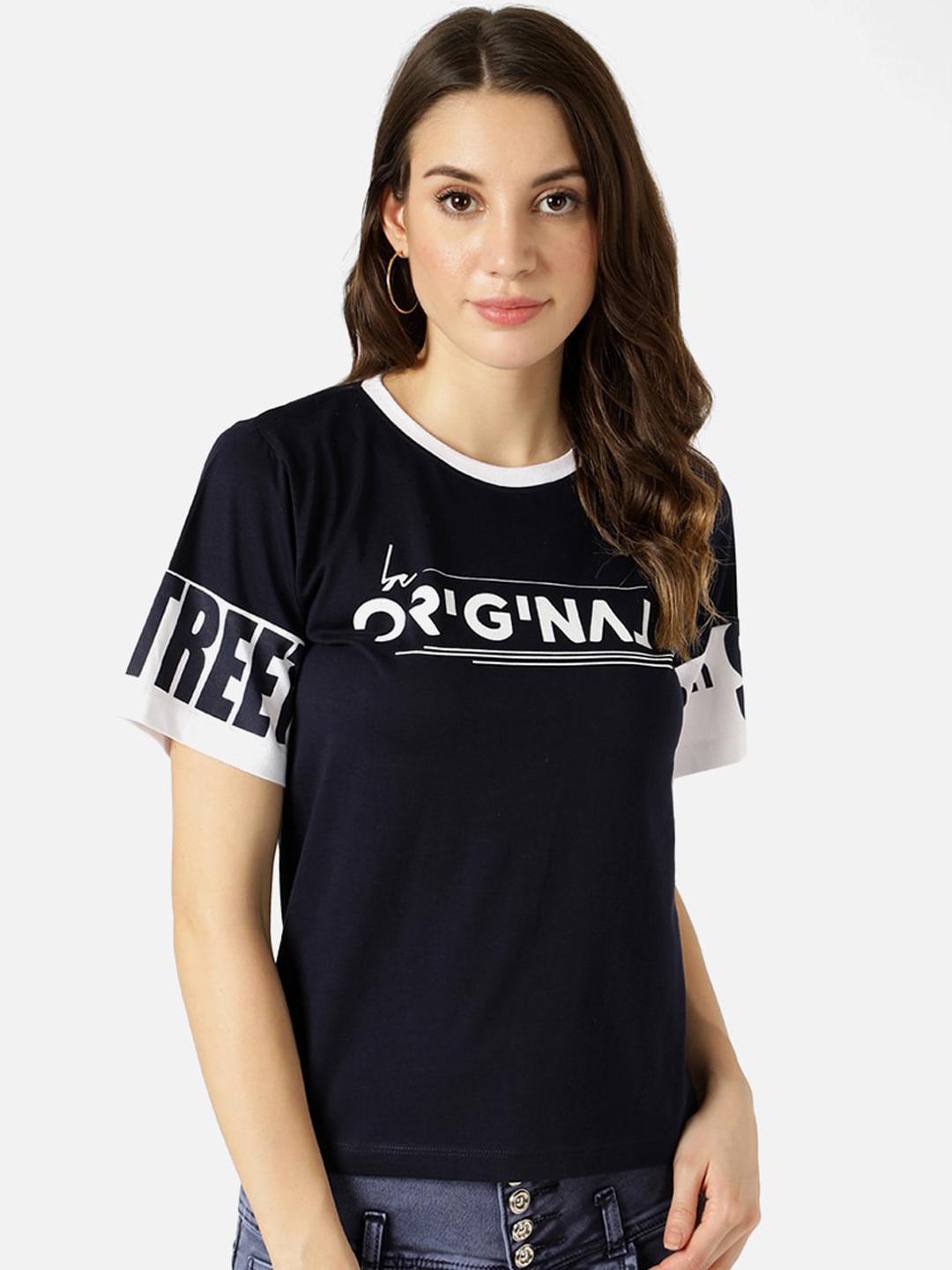 V2 Value & Variety Women Blue Printed Round Neck T-shirt