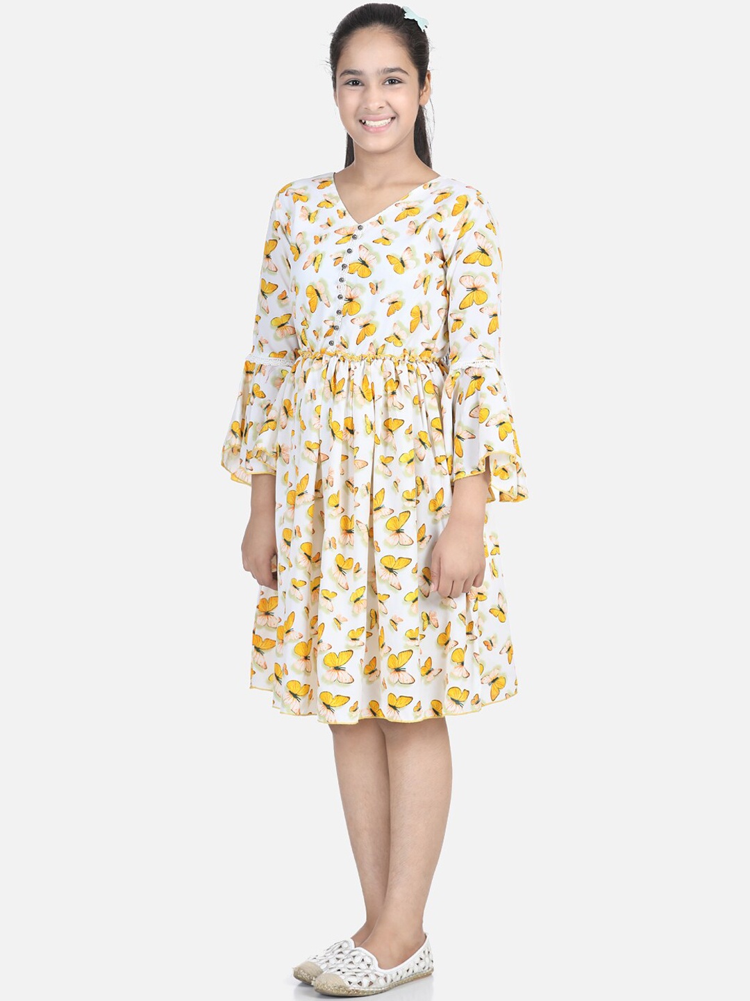 Cutiekins Girls Cream-Coloured & Yellow Printed Fit & Flare Dress